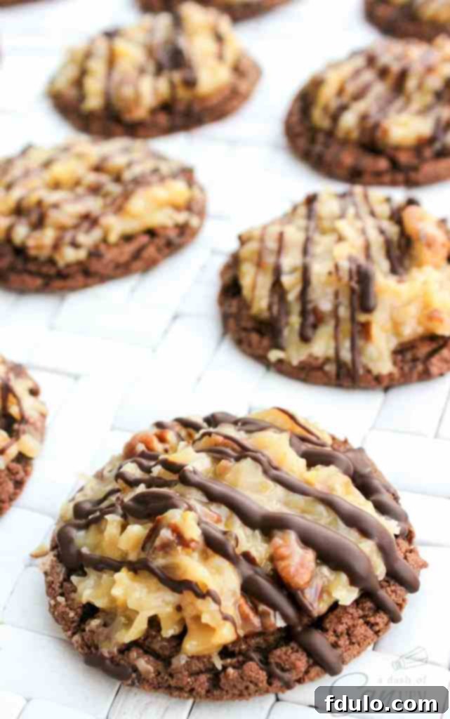 German chocolate cookies on a cooling rack, rich with chocolate, coconut, and pecan flavors, a perfect holiday treat.