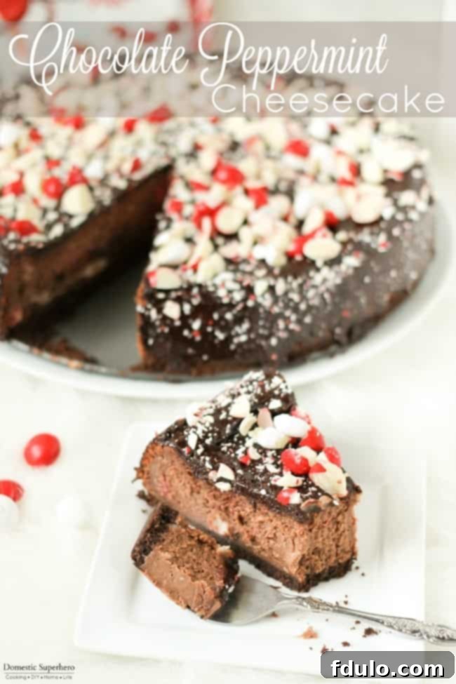 Chocolate Peppermint Cheesecake, a decadent holiday dessert topped with rich chocolate ganache and festive peppermint.