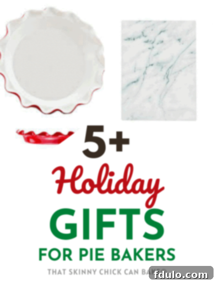 Collage of holiday gift ideas for pie bakers, featuring pie plates, a rolling pin, and a pastry board.