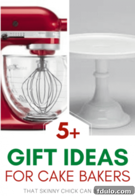 Collage of gifts for cake bakers, including a stand mixer, cake pans, and a cake stand.