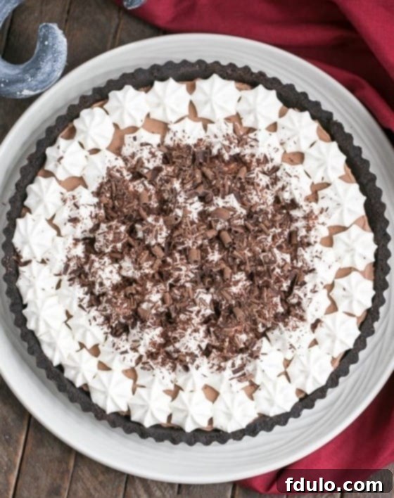 Decadent French Silk Tart 9 Overhead view of garnished French Silk Tart.