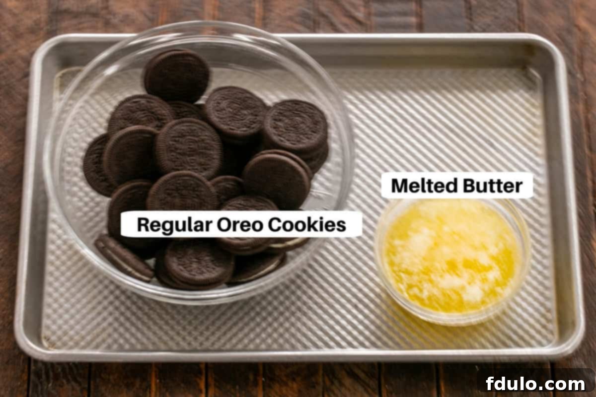 Decadent French Silk Tart 2 French Silk Pie Cookie Crust ingredients with labels on a sheet pan.