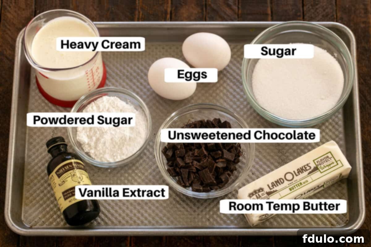 Decadent French Silk Tart 3 French Silk Pie Ingredients with labels on a sheetpan.