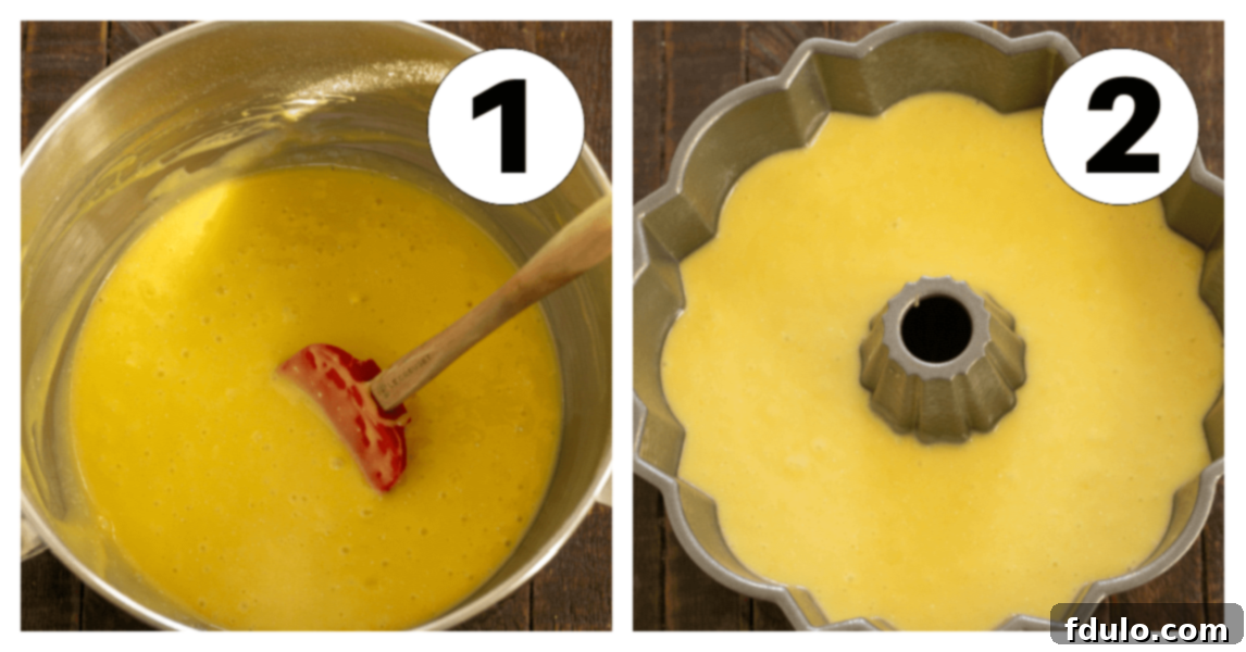 Process shots 1 and 2 for creating an easy lemon bundt cake: mixing the batter and pouring it into the prepared bundt pan.