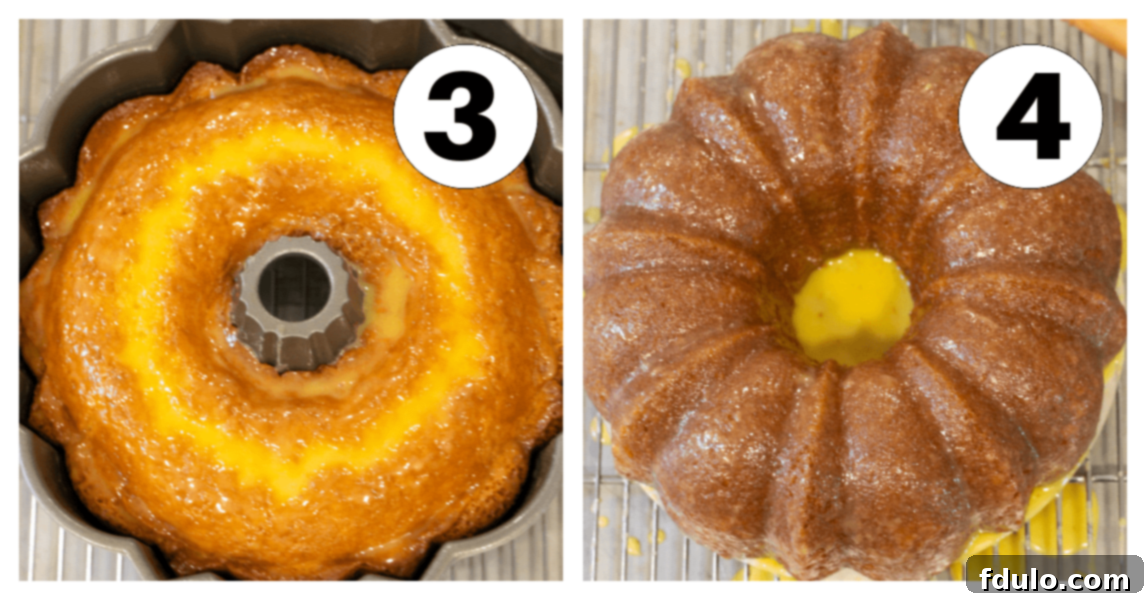 Easy Lemon Bundt Cake process shots 3 and 4: poking holes in the cake for glaze absorption and inverting the glazed cake onto a cooling rack.
