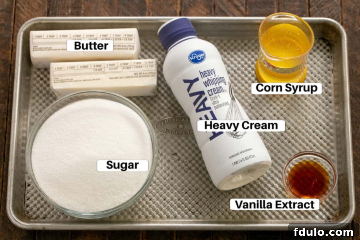 Soft Chewy Cream Caramels 2 Soft Caramel Ingredients with labels on a metal sheet pan.