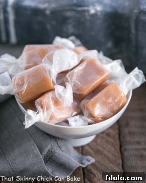 Soft Chewy Cream Caramels 8 Wrapped Caramels in a white bowl.