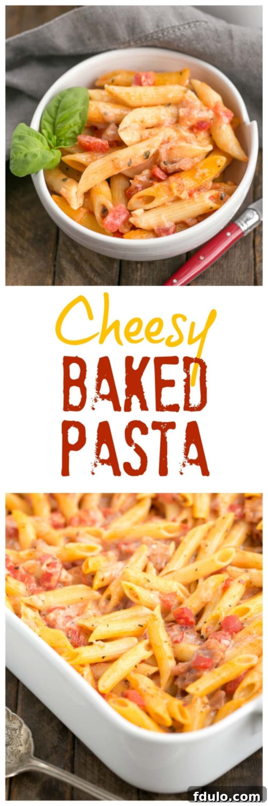 A tall, narrow shot of Cheesy Baked Pasta in a white serving dish, garnished with basil, highlighting its appetizing layers.