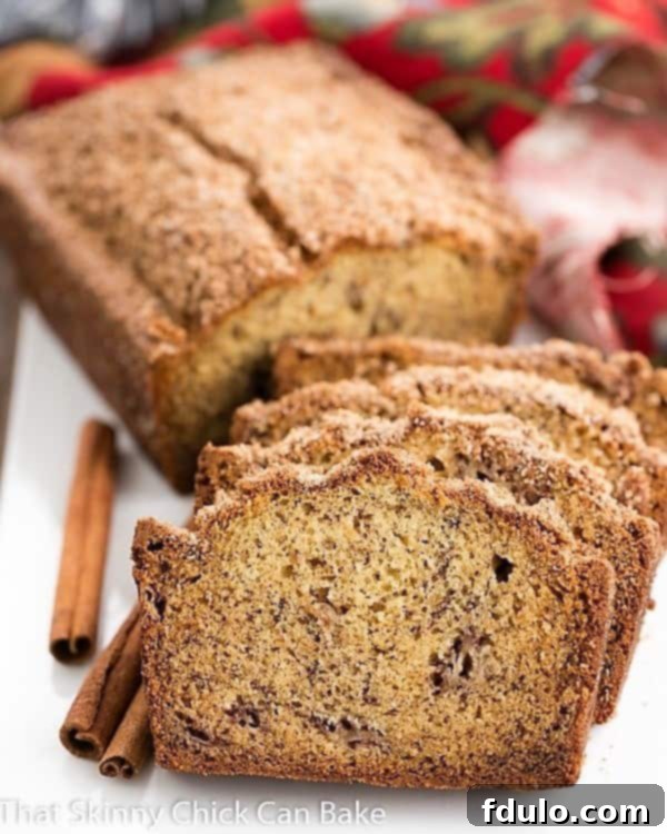 Loaf of Cinnamon Topped Banana Bread, sliced