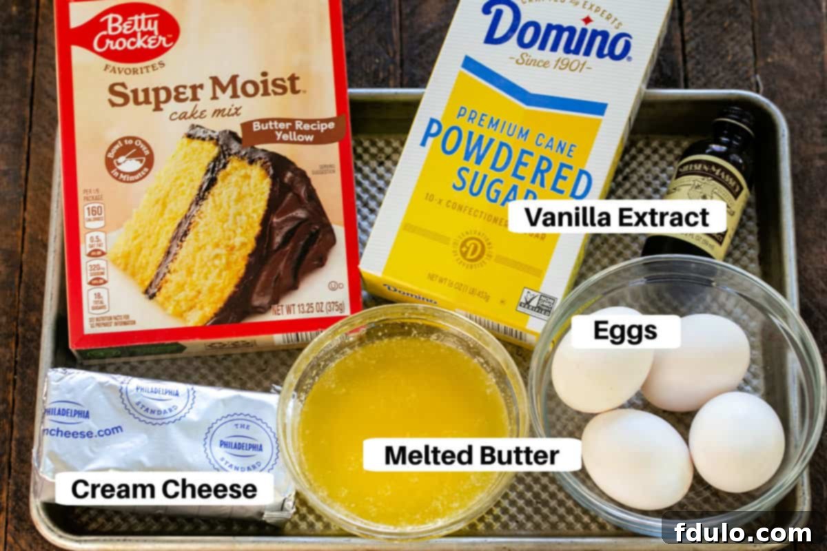 Easy Gooey Bars Ingredients with labels on a metal sheetpan.