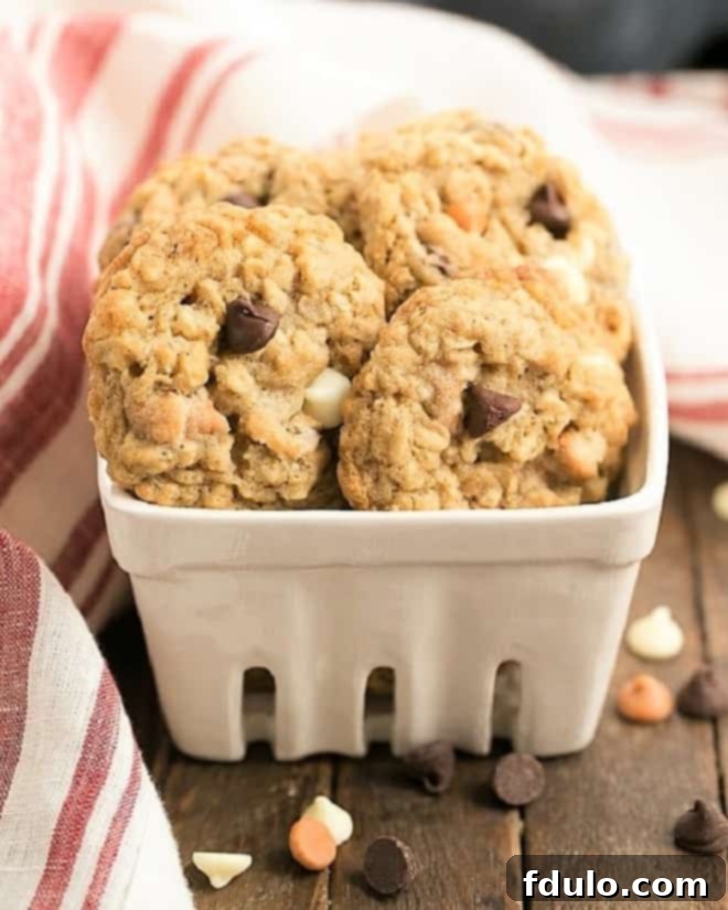 Triple Threat Oatmeal Cookies in a ceramic container, showcasing their rich texture and abundant chips