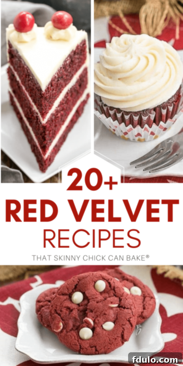 A collage of various tempting red velvet dessert photos, including cakes, cookies, and cupcakes, accompanied by text highlighting favorite red velvet recipes.