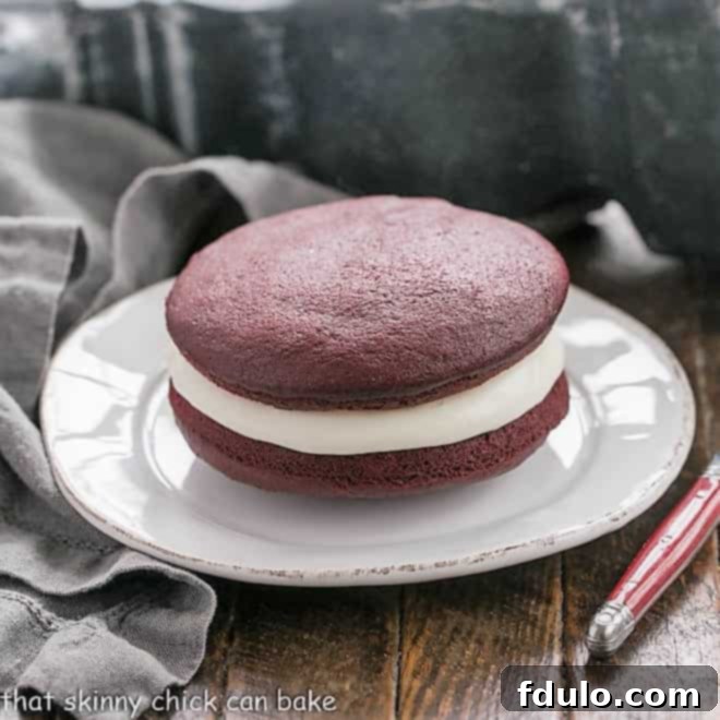 Soft red velvet whoopie pies with a creamy marshmallow creme filling.