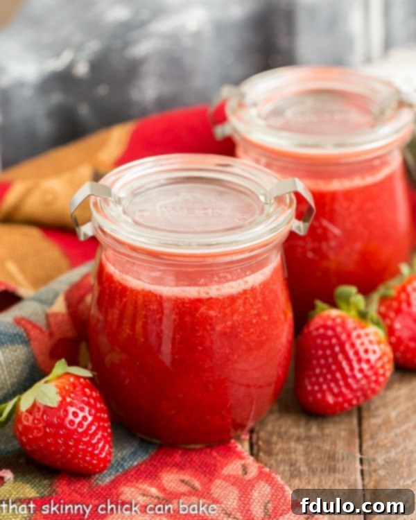 2 small Weck jars filled with homemade strawberry sauce, surrounded by fresh strawberries.