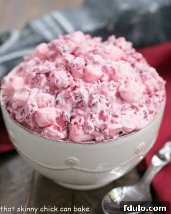 Vibrant Cranberry Fluff Salad served elegantly in a white ceramic bowl, ready for a festive holiday table.