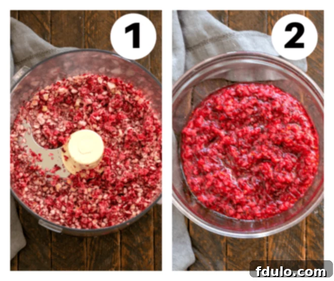 Process shots 1 and 2 for Cranberry Fluff Salad preparation: grinding cranberries in a food processor and mixing them with sugar in a bowl.