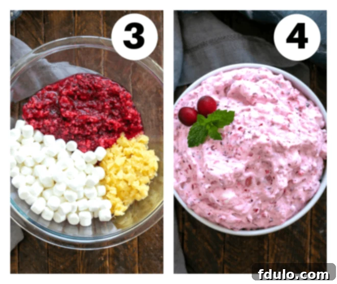 Process shots 3 and 4 for Cranberry Fluff Salad preparation: gathering ingredients, whipping cream, and gently folding it into the cranberry mixture.