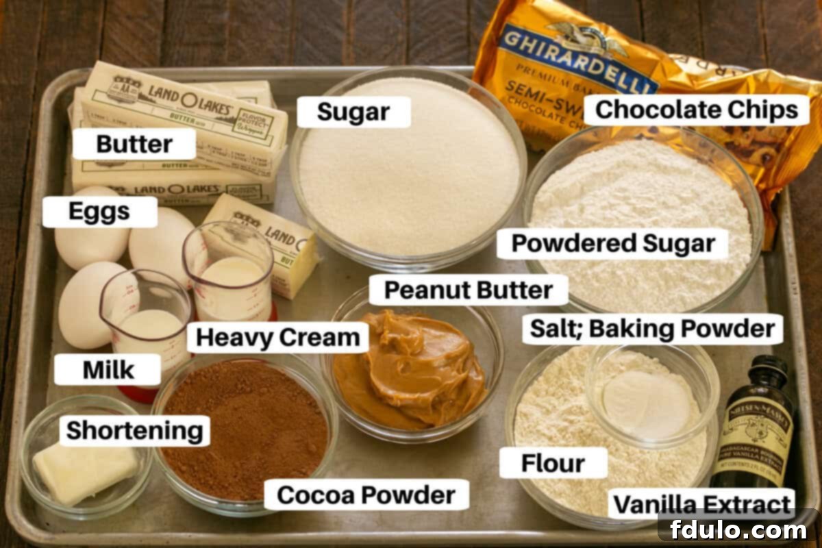 Peanut butter truffle brownie ingredients with labels arranged neatly on a sheetpan, ready for baking.