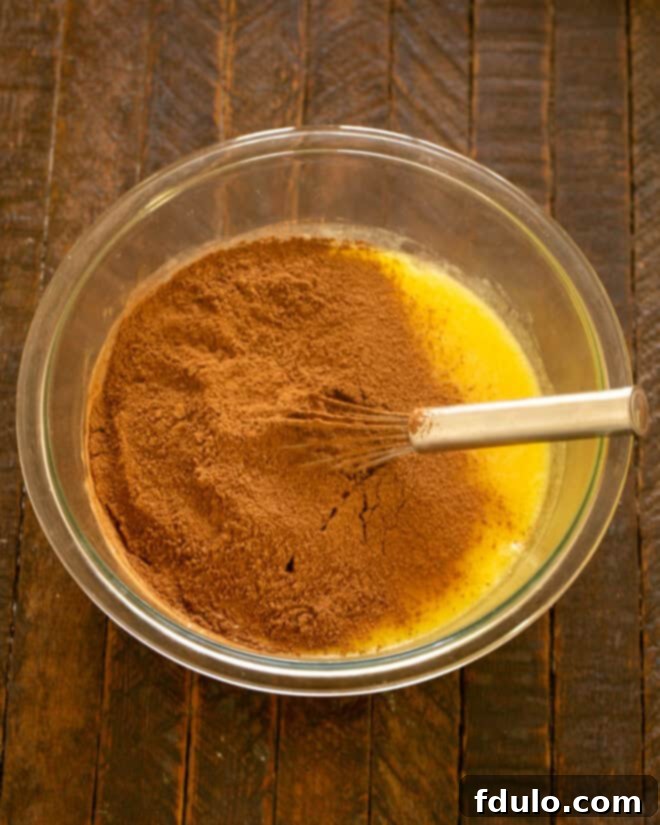 Dry ingredients including cocoa, salt, and baking powder being sifted into wet mixture.