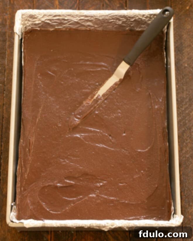 Brownie batter spread evenly in the prepared baking pan.