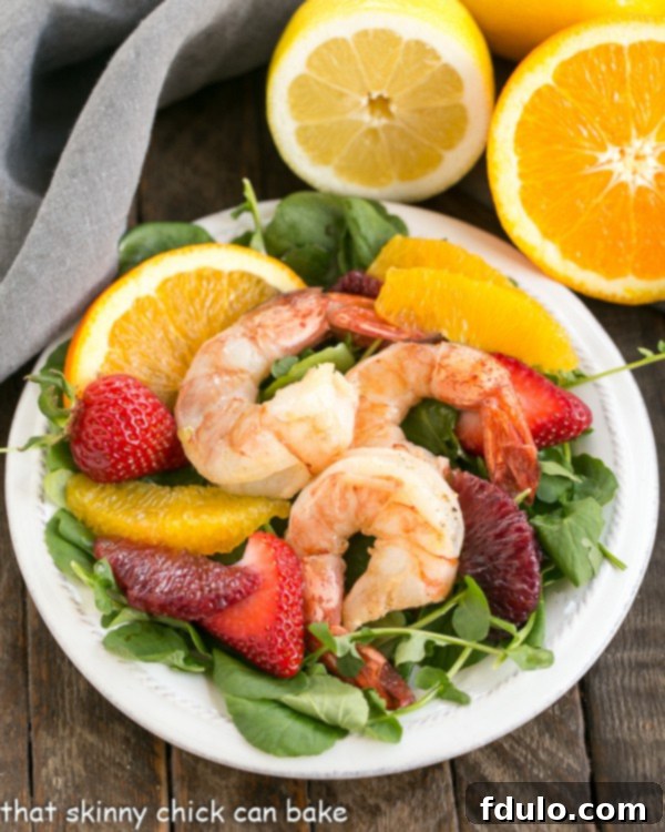 Overhead view of Shrimp & Orange Salad with Citrus Vinaigrette, showcasing fresh ingredients