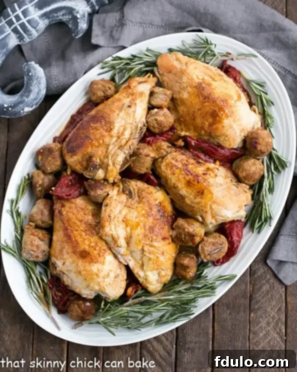An inviting overhead view of Chicken Scarpariello with Sausage and Peppers, generously garnished with fresh rosemary on a pristine white platter.
