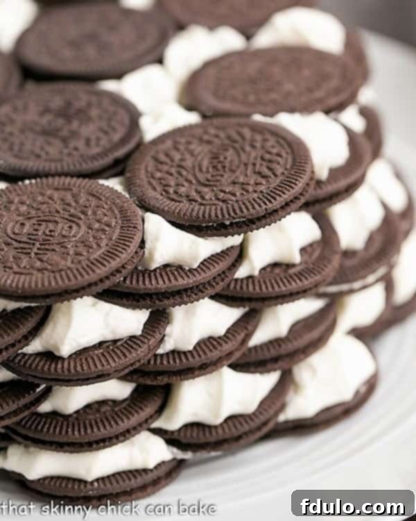 Effortless Oreo Cream Dream 2 Close-up view of a slice of Oreo Icebox Cake, showing the distinct layers of cookie and cream, on a white plate.