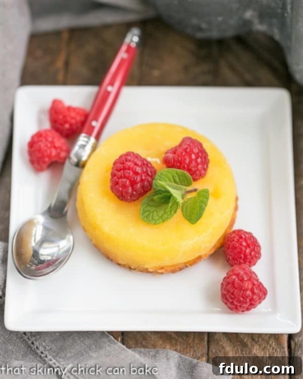 White Chocolate Molten Lava Cakes - Dreamy individual white chocolate cakes with molten centers! A delicate White Chocolate Molten Lava Cake garnished with fresh raspberries on a square ceramic plate.