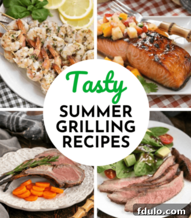 A collage featuring various grilled dishes including chicken kabobs, shrimp, flank steak, corn, and a grilled peach dessert, with a central title 'Best Grilling Recipes'