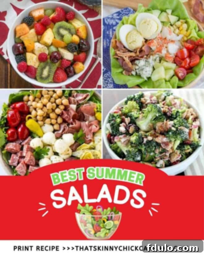 A vibrant collage of various summer salads, featuring fresh ingredients like grilled corn, berries, chicken, and pasta, with a title text box overlaying them.
