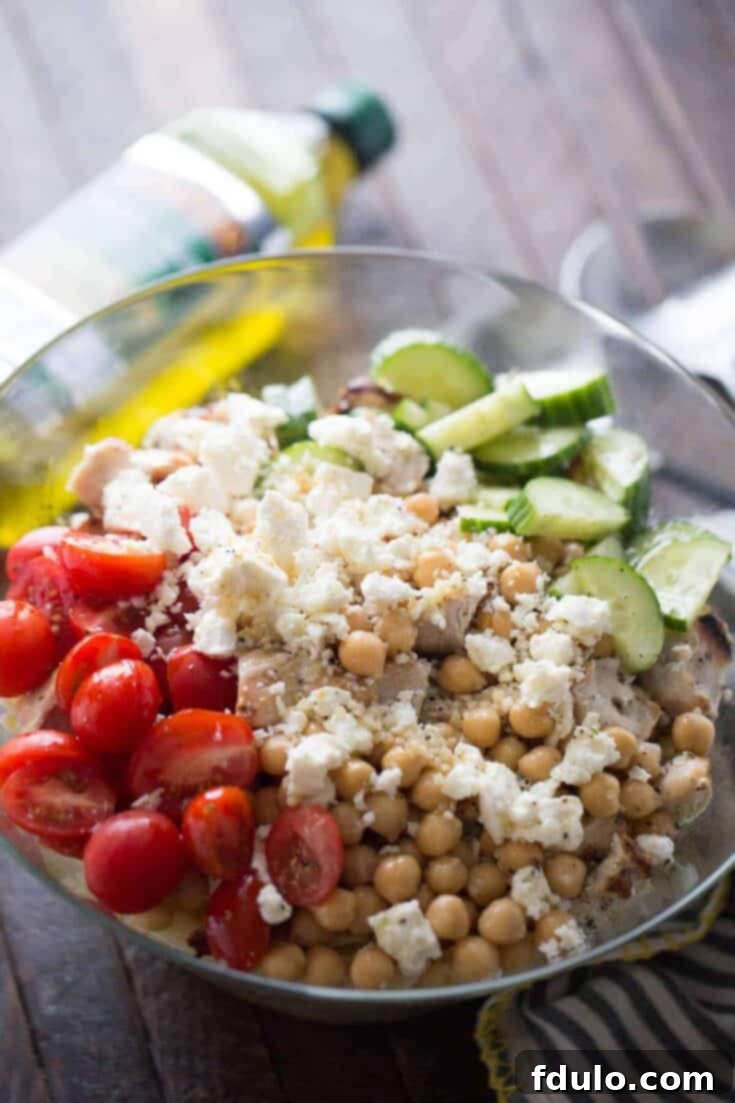 Chicken Souvlaki Pasta Salad, combining Greek salad ingredients with pasta.