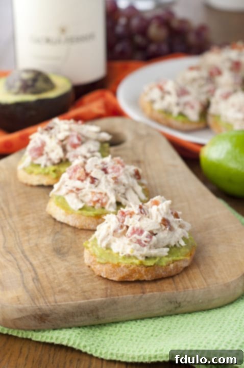 Avocado Chicken Salad Crostini, a fun appetizer for summer entertaining.