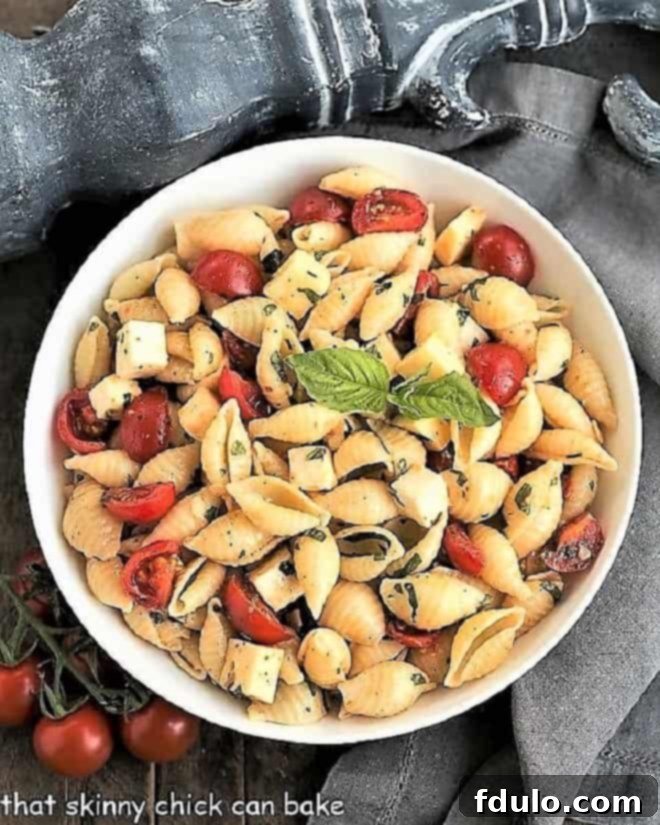 Tomato Basil Pasta Salad with Mozzarella & Fontina, a favorite summer pasta salad.