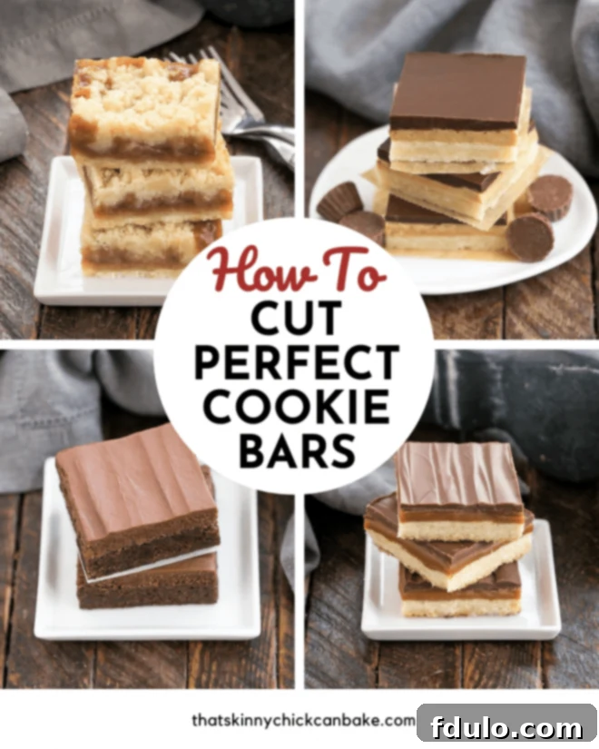 A collage of four photos demonstrating how to slice bar cookies, accompanied by a round title box, showcasing perfectly cut dessert bars ready for serving.