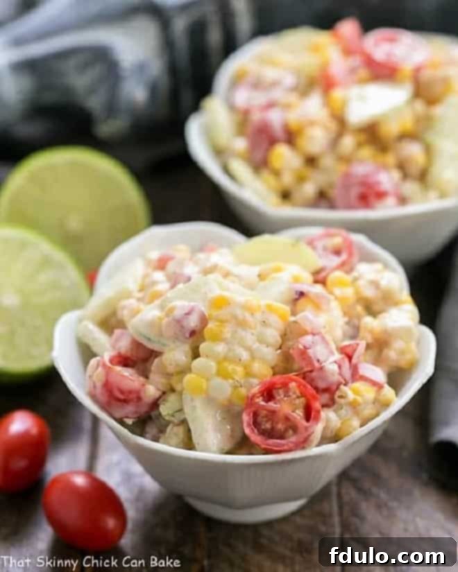 Spicy Mexican Corn Salad - Fresh sweet corn and veggies with a spicy mayo based dressing makes for an unrivaled summer corn salad! Spicy Mexican Corn Salad in two white tulip bowls.