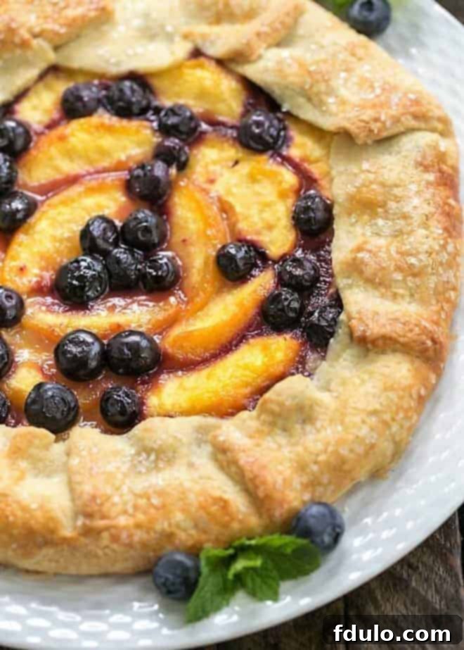 Peach Blueberry Galette - A gorgeous summer dessert with all the flavors of pie without all the work! A close-up view of a baked Peach Blueberry Galette, emphasizing the juicy, caramelized fruit and crisp, golden crust, adorned with a fresh blueberry and mint garnish for a touch of elegance.