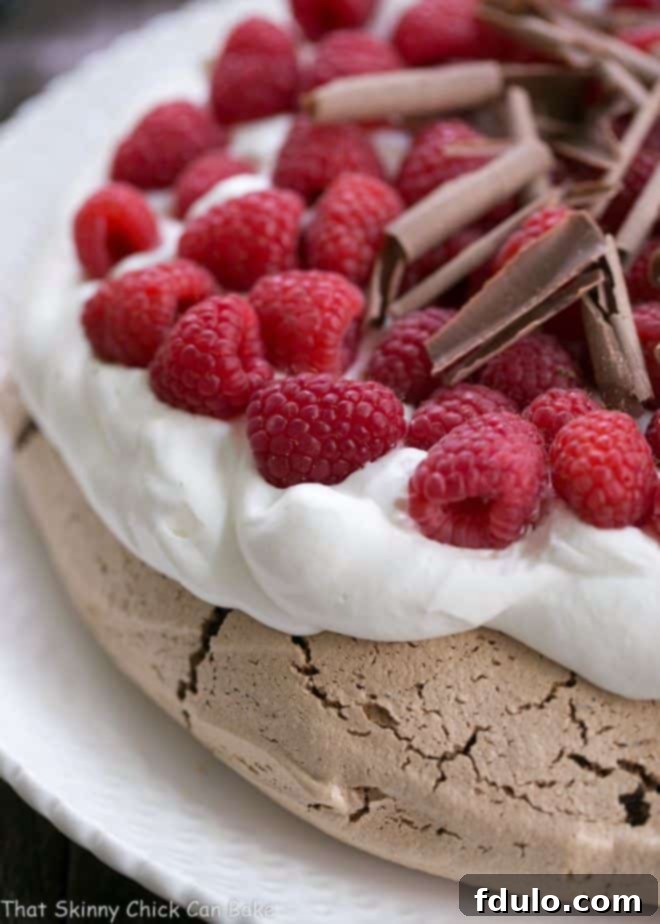Close view of Chocolate Raspberry Pavlova on a white serving plate, showcasing its layers of meringue, cream, and raspberries.