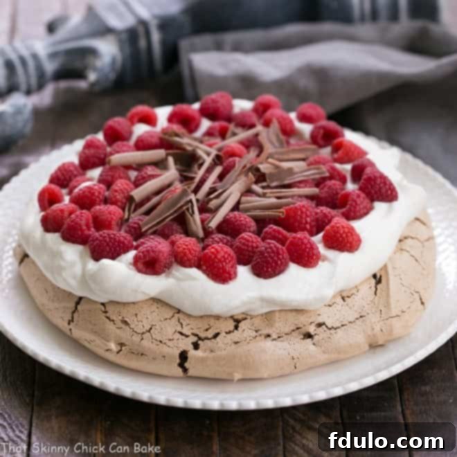 Chocolate Raspberry Pavlova on a white ceramic plate topped with cream, berries and chocolate shavings.