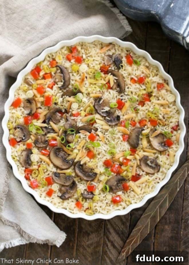 Overhead view of Italian Rice Pilaf in a round casserole.