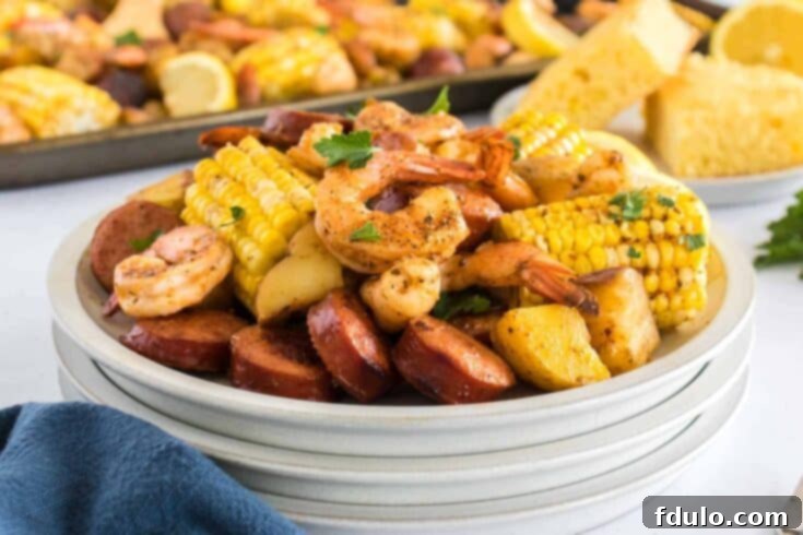 Sheet Pan Shrimp Boil with corn, sausage, and potatoes.