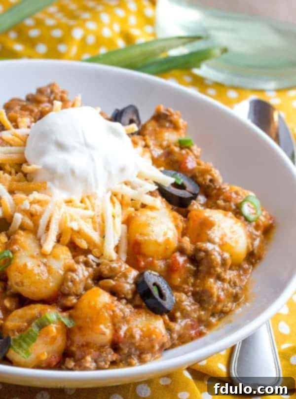 One Pot Taco Gnocchi in a bowl.
