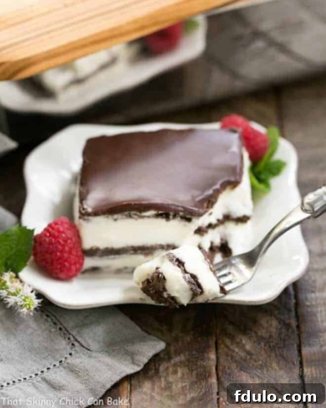 A beautifully plated slice of No-Bake Chocolate Lasagna, showcasing its distinct layers of chocolate graham crackers, creamy filling, and shiny ganache, garnished with fresh berries and mint.