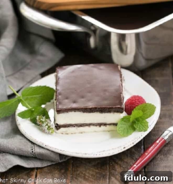 A slice of No-Bake Chocolate Lasagna on a white plate, ready for serving.
