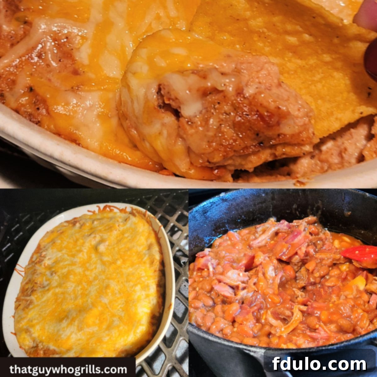 Next-Level Smoked Sides 2 Top image of tortilla chip being dipped into smoked bean dip, smoked bean on smoker, and smoked baked beans in dutch oven