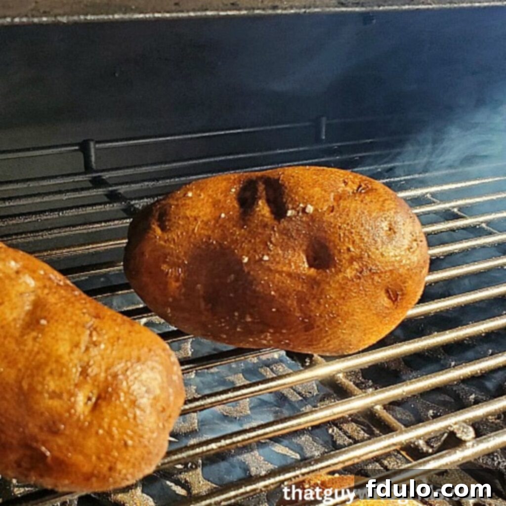 Next-Level Smoked Sides 7 Smoked Baked Potatoes Smoking on top rack of pellet grill