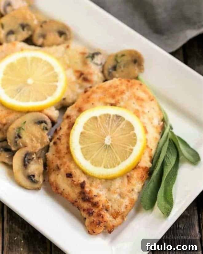 Creamy Chicken Marsala with Herbed Mushrooms topped with lemon slices on a white platter.