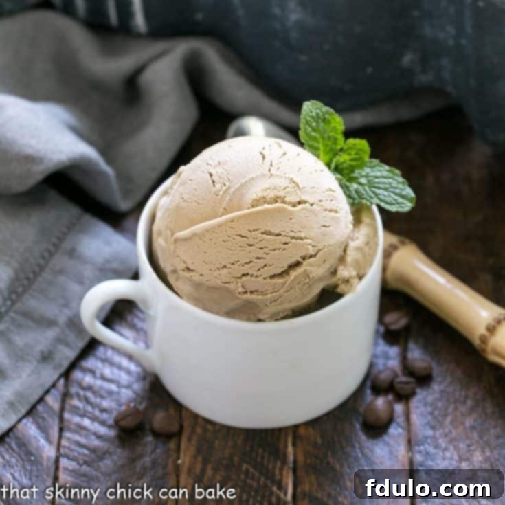 Coffee ice cream in a short mug with a sprig of mint and a bamboo spoon, ready to be enjoyed.