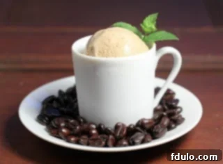 Two generous scoops of creamy coffee ice cream in a classic coffee mug, garnished with a sprig of fresh mint.