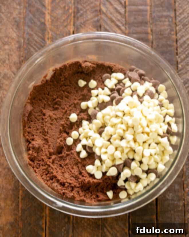 A generous amount of milk and white chocolate chips being gently folded into the rich cocoa cookie dough in a mixing bowl.