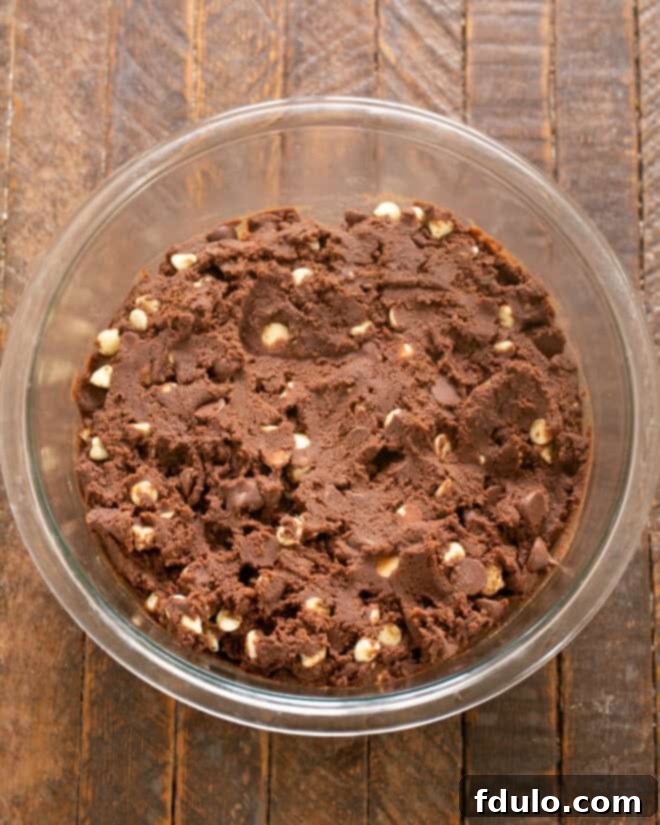 The chocolate chips fully incorporated into the dark cookie dough, showing a well-mixed batter ready for scooping and baking.